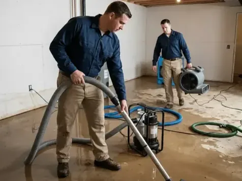 Two technicians extracting standing water from a finished lower-level room