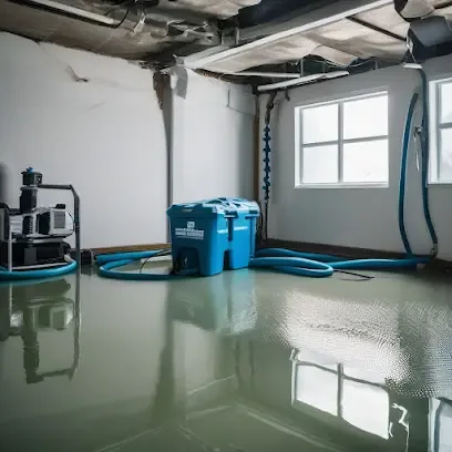A portable extractor and hoses working in a flooded room