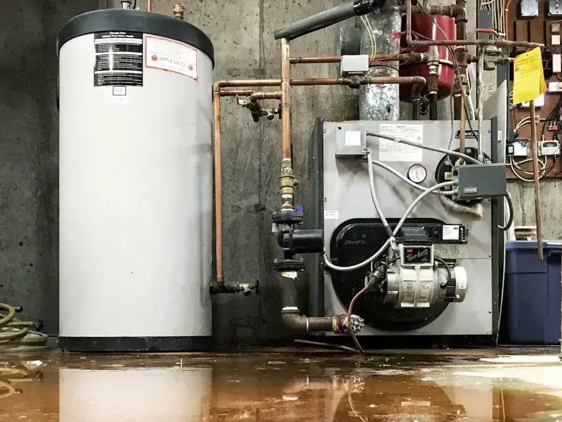 A boiler and an indirect water heater standing in water on a basement floor