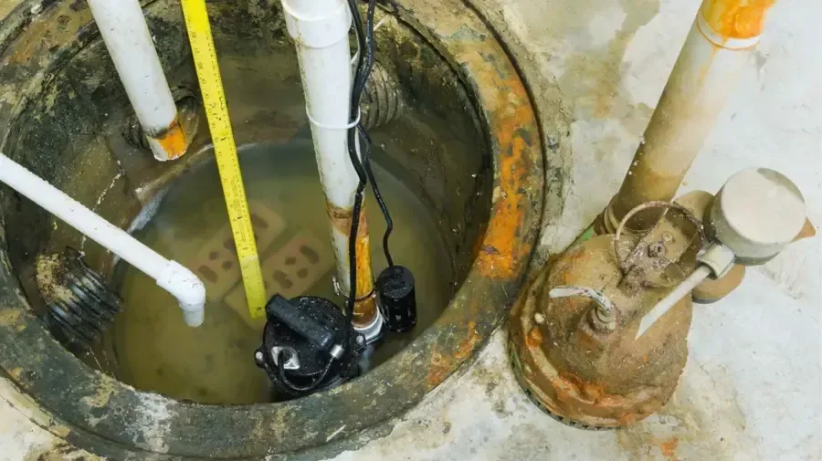 Basement sump pit with a failed pump and standing water around it