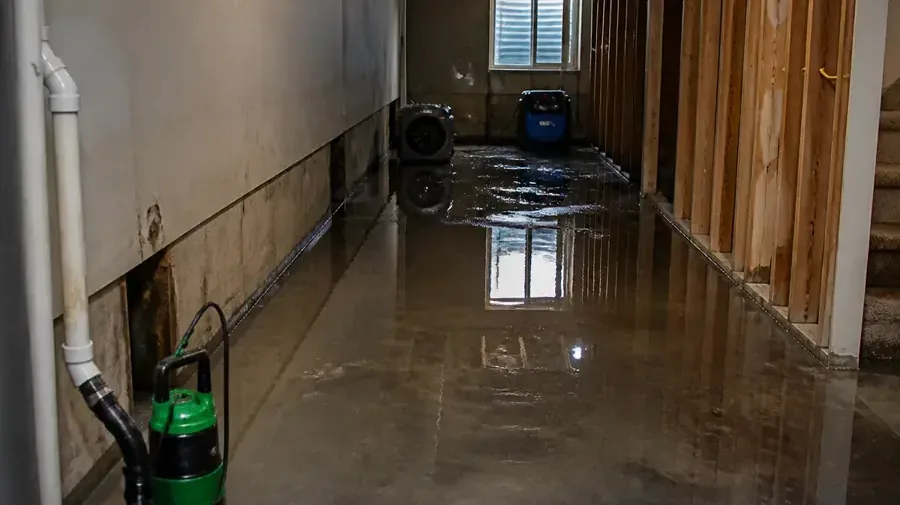 A pump and discharge hose clearing standing water from a basement hallway