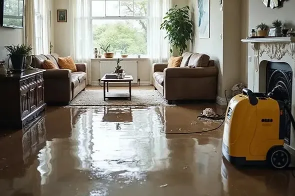 Water spreading across a floor from a failed appliance supply line