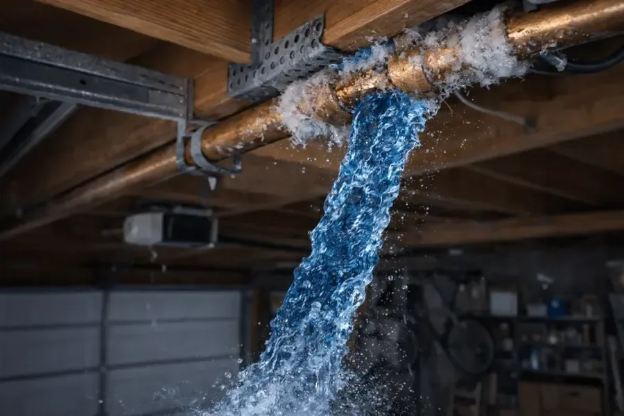 Water pouring from a split copper supply pipe in a garage ceiling