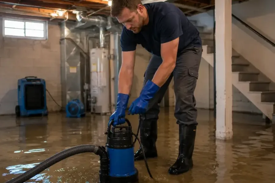 Failed sump pump sitting in a flooded pit on a basement floor
