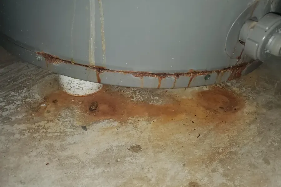Rusted base of a gas water heater with water spreading across the concrete floor